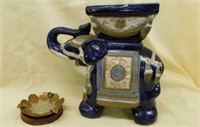 Asian decor: ceramic blue elephant vase, 10" tall