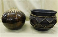 2 pottery vases: round w/ narrow top, 8" tall -