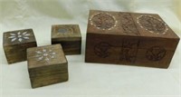 Carved wooden boxes: hinged top w/ bone inlay, 8"