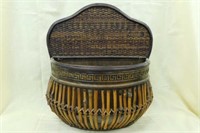 Wood and reed wall pocket basket, 13" x 5" x 15"