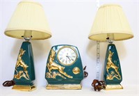 3 piece MCM gold/green lamp & clock set