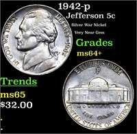 1942-p Jefferson Nickel 5c Grades Choice+ Unc