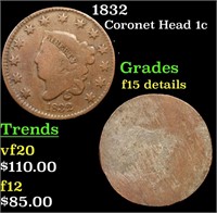 1832 Coronet Head Large Cent 1c Grades F Details