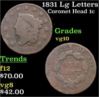 1831 Lg Letters Coronet Head Large Cent 1c Grades