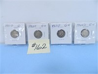 (4) Rosy All Silver Dimes, 1951D, 60D, 63D, 64D,