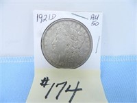 1921D Morgan Silver Dollar, AU-50