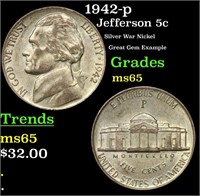 1942-p Jefferson Nickel 5c Grades GEM Unc