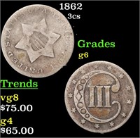 1862 Three Cent Silver 3cs Grades g+