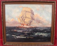 Oil On Canvas by Gene Wheeler Ship in the Sea