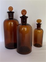 Old Apothecary Bottles W/ Stoppers, Brown / Amber