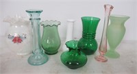 (8) Colored Glass Vases Including a Frosted Green