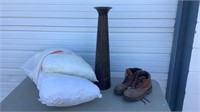 Tall Metal Vase, Boots & (2) Pillows