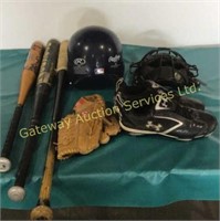 Baseball bats (2 metal, 1 wood),  leather