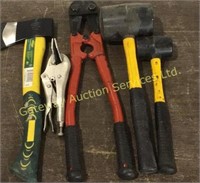 Bolt cutters, large and small rubber mallet, yard