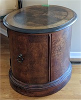 Vtg. Burled Oak Veneer Top Oval End Table Cabinet
