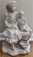 Ceramic Mother/Son on Bench w/ Kittens by Austin