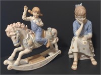 Porcelain Figures of a girl riding a toy horse