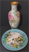 Decorative Painted Floral Pattern Vase and Plate.