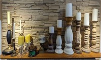 Candlesticks, various sizes. Ceramic, wood,