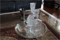 3 Decanters with Plated Silver Tray
