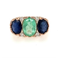 14ct r/g Colombian emerald & sapphire ring