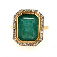 18ct YWG emerald cut emerald (7.36ct) & DIA ring