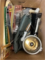 Box with Old Car Spotlight, Assorted Mirrors, Tool