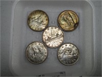 FIVE CANADIAN DOLLAR COINS -1958-1960