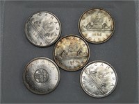 FIVE CANADIAN DOLLAR COINS -1963-1966