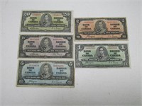 FIVE 1937 CANADIAN BANK NOTES