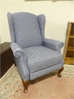 BLUE UPHOLSTERED WING BACK ARMED CHAIR