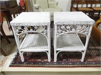 TWO WHITE PAINTED WICKER LAMP TABLES