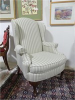 STRIPED UPHOLSTERED WING BACK ARMED CHAIR