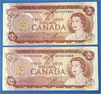 2x 1974 $2 Banknotes - Canada