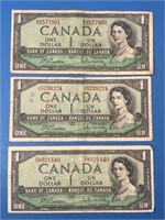 3x 1954 One Dollar Banknotes Canada