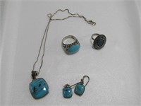 STERLING TURQUOISE NECKLACE, EARRINGS ETC.