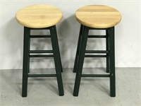 Two green painted wood bar / counter stools
