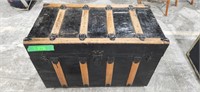 Antique metal and wood trunk on wheels, measures
