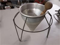VINTAGE CONE STRAINER  WITH STAND AND WOOD PESTLE