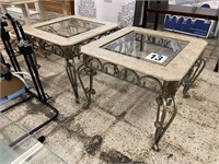 PAIR OF WROUGHT IRON GLASS TOP END TABLES