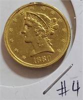 J - 1880 US $5 GOLD COIN (23C)