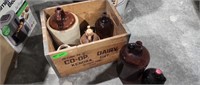 Vintage glass and ceramic Jugs with wooden box