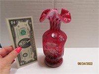 Cranberry RibbonTop 7.25" Signed Handpainted Vase