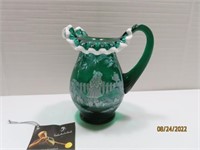 Handpainted Signed Green/White 7" Pitcher Girl Scn