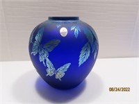 FAGCA Rare 7" Butterfly Blue Inlay Unique Vase