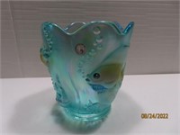Sgined 6.5" FISH Inlaid Incandescent Blueish Vase