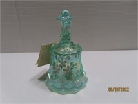 D WRIGHT signed 7" Green Carnival Glass Bell
