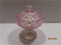 Lidded 2pc 7" Opalescent Pink Flower Jar