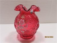 M KIBBE signed Cranberry Red 6.5" Fluted Vase Rose