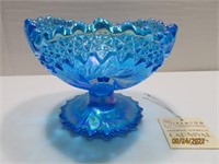 7" Blue Carnival Glass Star Pattern Bowl w/ Base